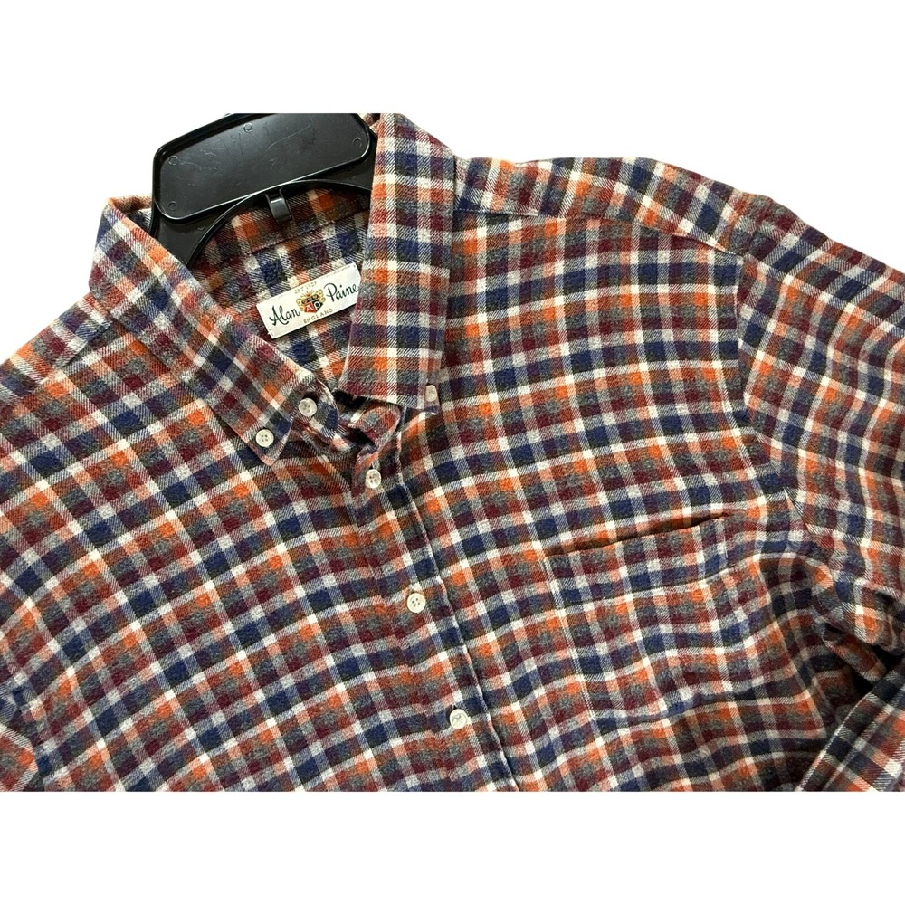 Alan Paine Mens Orange Blue Plaid Flannel Button Down Shirt Cotton Large England